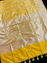 Yellow Pure Banarasi Handwoven Katan Silk Saree | Muted Gold & Silver Zari Floral Jaal | Silk Mark Certified - Kaash