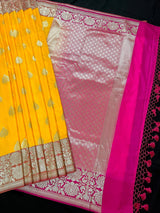 Yellow with Pink combination Traditional Banarasi Semi Katan Handloom Saree with Lotus Borders - Kaash