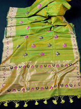 Parrot Green double tone Pure Tussar Silk Saree Handwoven with Meenakari Floral design - Kaash Collection