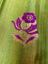 Parrot Green double tone Pure Tussar Silk Saree Handwoven with Meenakari Floral design - Kaash Collection