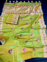 Parrot Green double tone Pure Tussar Silk Saree Handwoven with Meenakari Floral design - Kaash Collection