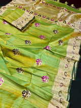 Parrot Green double tone Pure Tussar Silk Saree Handwoven with Meenakari Floral design - Kaash Collection