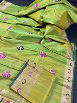 Parrot Green double tone Pure Tussar Silk Saree Handwoven with Meenakari Floral design - Kaash Collection