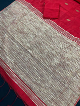 Beautiful Bengal Handloom Red Color Saree with Gicha and Zari Pallu - Kaash