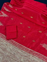 Beautiful Bengal Handloom Red Color Saree with Gicha and Zari Pallu - Kaash