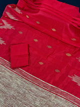 Beautiful Bengal Handloom Red Color Saree with Gicha and Zari Pallu | Cotton Silk Saree | Light Weight | Temple Borders | Bengal Sarees - Kaash