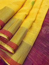 Mustard Yellow & Pink Pure Khaadi saree in pure khaadi handloom with zari borders on pure khaadi — Kaash Collection