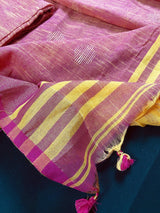 Mustard Yellow & Pink Pure Khaadi saree in pure khaadi handloom with zari borders on pure khaadi — Kaash Collection