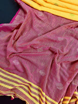 Mustard Yellow & Pink Pure Khaadi saree in pure khaadi handloom with zari borders on pure khaadi — Kaash Collection