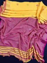 Mustard Yellow & Pink Pure Khaadi saree in pure khaadi handloom with zari borders on pure khaadi — Kaash Collection