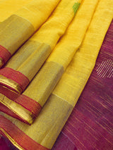 Beautiful Mustard Yellow with Pink Color Saree with Zari Borders - Kaash