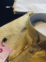 Beige Gold Silk Men Kurta Pajama with Weave Work - Kaash