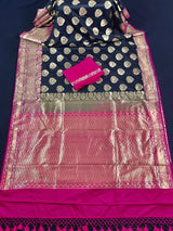 Black and Pink Soft Banarasi Saree with Red Borders with Gold Zari Floral Buttas and Rich Pallu Saree - Kaash