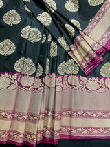 Black and Pink Soft Banarasi Saree with Red Borders with Gold Zari Floral Buttas and Rich Pallu Saree - Kaash