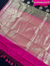 Black and Pink Soft Banarasi Saree with Red Borders with Gold Zari Floral Buttas and Rich Pallu Saree - Kaash