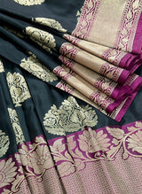 Black and Pink Soft Banarasi Saree with Red Borders with Gold Zari Floral Buttas and Rich Pallu Saree - Kaash