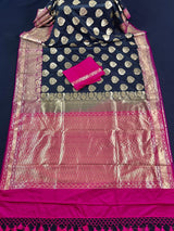 Black and Pink Soft Banarasi Saree with Red Borders with Gold Zari Floral Buttas and Rich Pallu Saree | Banarasi Saree - Kaash