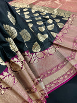 Black and Pink Soft Banarasi Saree with Red Borders with Gold Zari Floral Buttas and Rich Pallu Saree | Banarasi Saree - Kaash