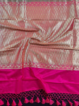 Black and Pink Soft Banarasi Saree with Red Borders with Gold Zari Floral Buttas and Rich Pallu Saree | Banarasi Saree - Kaash
