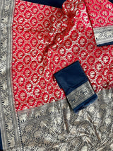 Black and Red Muted Gold Zari Weaved Banarasi Silk Shikargah Saree - Kaash