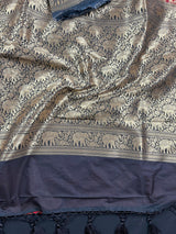Black and Red Muted Gold Zari Weaved Banarasi Silk Shikargah Saree - Kaash