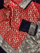 Black and Red Muted Gold Zari Weaved Banarasi Silk Shikargah Saree| Shikargah Sarees | Black Color Sarees | Elephant and Horse Motifs - Kaash