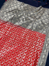 Black and Red Muted Gold Zari Weaved Banarasi Silk Shikargah Saree| Shikargah Sarees | Black Color Sarees | Elephant and Horse Motifs - Kaash