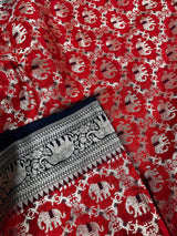 Black and Red Muted Gold Zari Weaved Banarasi Silk Shikargah Saree| Shikargah Sarees | Black Color Sarees | Elephant and Horse Motifs - Kaash