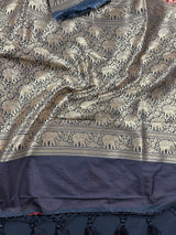 Black and Red Muted Gold Zari Weaved Banarasi Silk Shikargah Saree| Shikargah Sarees | Black Color Sarees | Elephant and Horse Motifs - Kaash