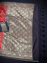 Black and Red Muted Gold Zari Weaved Banarasi Silk Shikargah Saree| Shikargah Sarees | Black Color Sarees | Elephant and Horse Motifs - Kaash