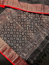 Black Color Handloom Linen Silk Saree with Red Borders and Cooper Zari Weaving - Kaash