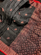 Black Color Handloom Linen Silk Saree with Red Borders and Cooper Zari Weaving - Kaash