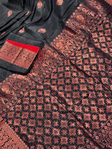 Black Color Handloom Linen Silk Saree with Red Borders and Cooper Zari Weaving - Kaash
