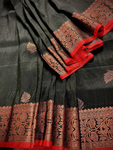 Black Color Handloom Linen Silk Saree with Red Borders and Cooper Zari Weaving - Kaash
