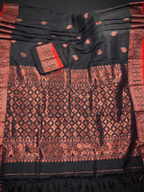 Black Color Handloom Linen Silk Saree with Red Borders and Cooper Zari Weaving | Linen Saree | Handwoven Sarees - Kaash