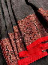 Black Color Handloom Linen Silk Saree with Red Borders and Cooper Zari Weaving | Linen Saree | Handwoven Sarees - Kaash