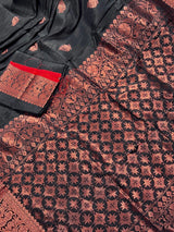 Black Color Handloom Linen Silk Saree with Red Borders and Cooper Zari Weaving | Linen Saree | Handwoven Sarees - Kaash