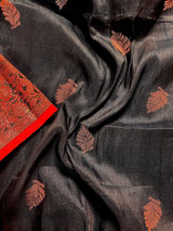 Black Color Handloom Linen Silk Saree with Red Borders and Cooper Zari Weaving | Linen Saree | Handwoven Sarees - Kaash