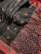 Black Color Handloom Linen Silk Saree with Red Borders and Cooper Zari Weaving | Linen Saree | Handwoven Sarees - Kaash