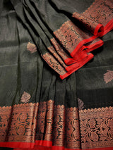 Black Color Handloom Linen Silk Saree with Red Borders and Cooper Zari Weaving | Linen Saree | Handwoven Sarees - Kaash