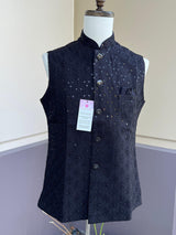 Black men's Nehru/Modi jacket in cotton silk with embroidery & sequin work — Kaash Collection