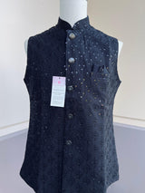 Black men's Nehru/Modi jacket in cotton silk with embroidery & sequin work — Kaash Collection