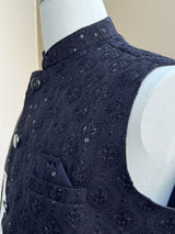 Black men's Nehru/Modi jacket in cotton silk with embroidery & sequin work — Kaash Collection