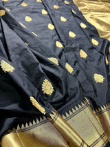Black Color Saree with Muted Gold Zari Weave | Pure Banarasi Katan Silk Saree | Black Silk Saree | Pure Silk Saree | Silk Mark Certified - Kaash