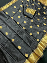 Black Color Saree with Muted Gold Zari Weave | Pure Banarasi Katan Silk Saree | Black Silk Saree | Pure Silk Saree | Silk Mark Certified - Kaash