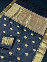 Black Color Saree with Muted Gold Zari Weave | Pure Banarasi Katan Silk Saree | Black Silk Saree | Pure Silk Saree | Silk Mark Certified - Kaash
