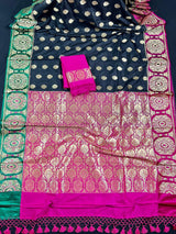 Black Saree with Green and Pink borders and Pallu | Banarasi Soft Silk Saree with Floral Buttas | Soft Silk Handloom Saree | Satin Borders - Kaash