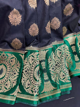 Black Saree with Green and Pink borders and Pallu | Banarasi Soft Silk Saree with Floral Buttas | Soft Silk Handloom Saree | Satin Borders - Kaash