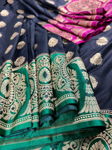Black Saree with Green and Pink borders and Pallu | Banarasi Soft Silk Saree with Floral Buttas | Soft Silk Handloom Saree | Satin Borders - Kaash