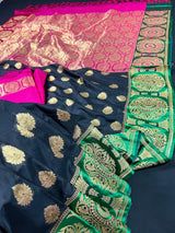 Black Saree with Green and Pink borders and Pallu | Banarasi Soft Silk Saree with Floral Buttas | Soft Silk Handloom Saree | Satin Borders - Kaash